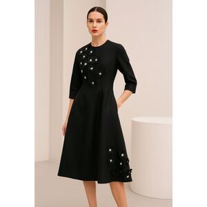 Front Row by Sara and Goldy Flower Embellished Midi Black Dress 2 NWT